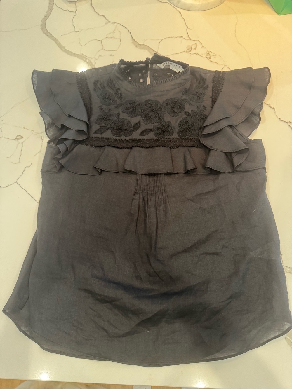 Veronica Beard Black Embroidered Ruffle Sleeve Blouse - Size 0